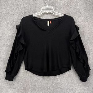 Anthropologie Pilcro Sweater Medium Black Pullover V Neck long ruffled sleeve‎